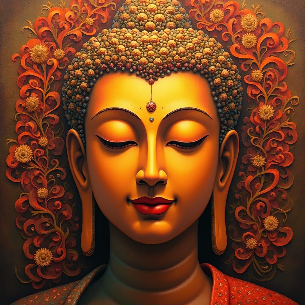 Buddha in Vibrant Oil Paint with Intricate Patterns