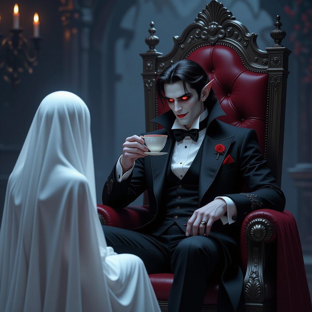Elegant Vampire on Throne with Red Eyes