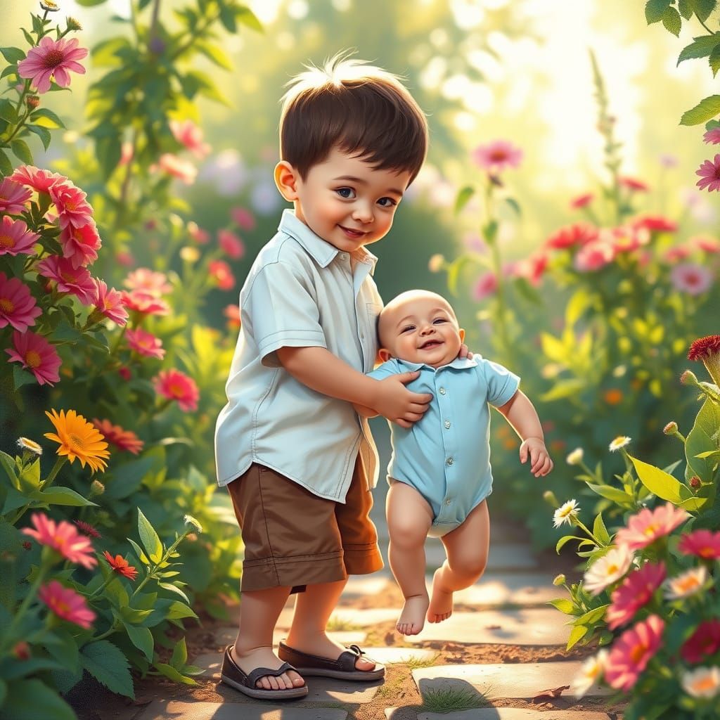 Boy Supports Baby Brother in Lush Garden Scene