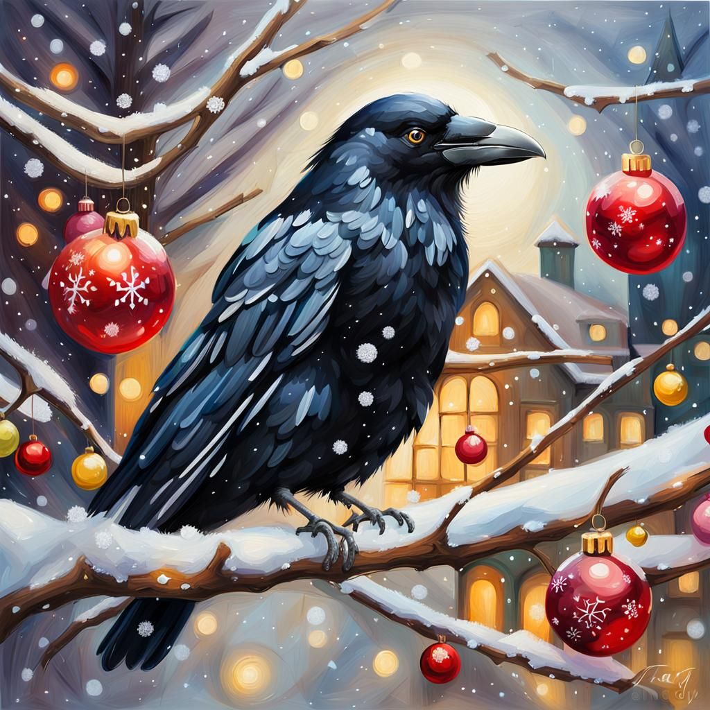 Majestic Crow in Winter Wonderland Oil Painting
