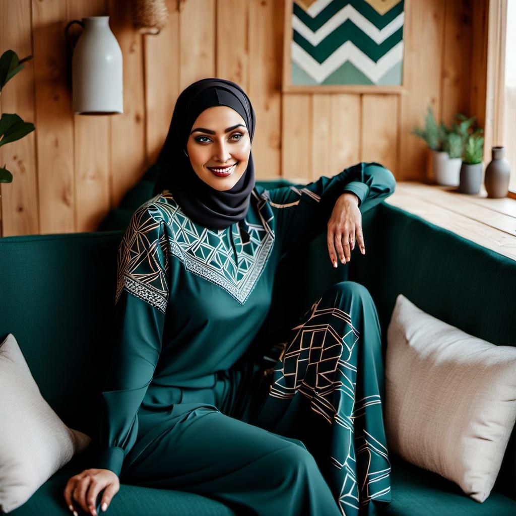 Relaxed Woman in Hijab in Cozy Cabin