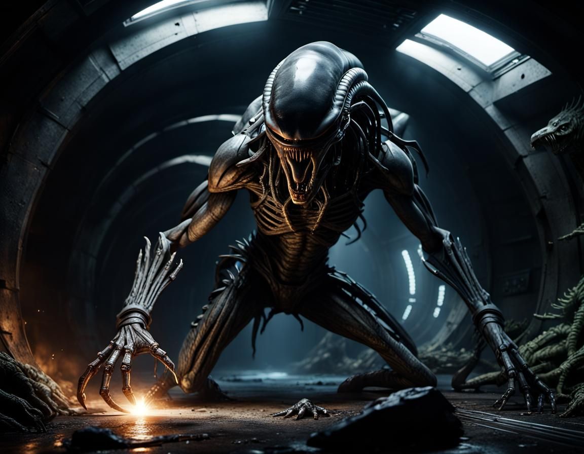 Xenomorph vs Predator Fight in Dark Tunnel