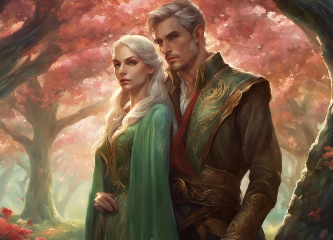 Elegant Elf Couple in Magical Forest, Art Nouveau Style