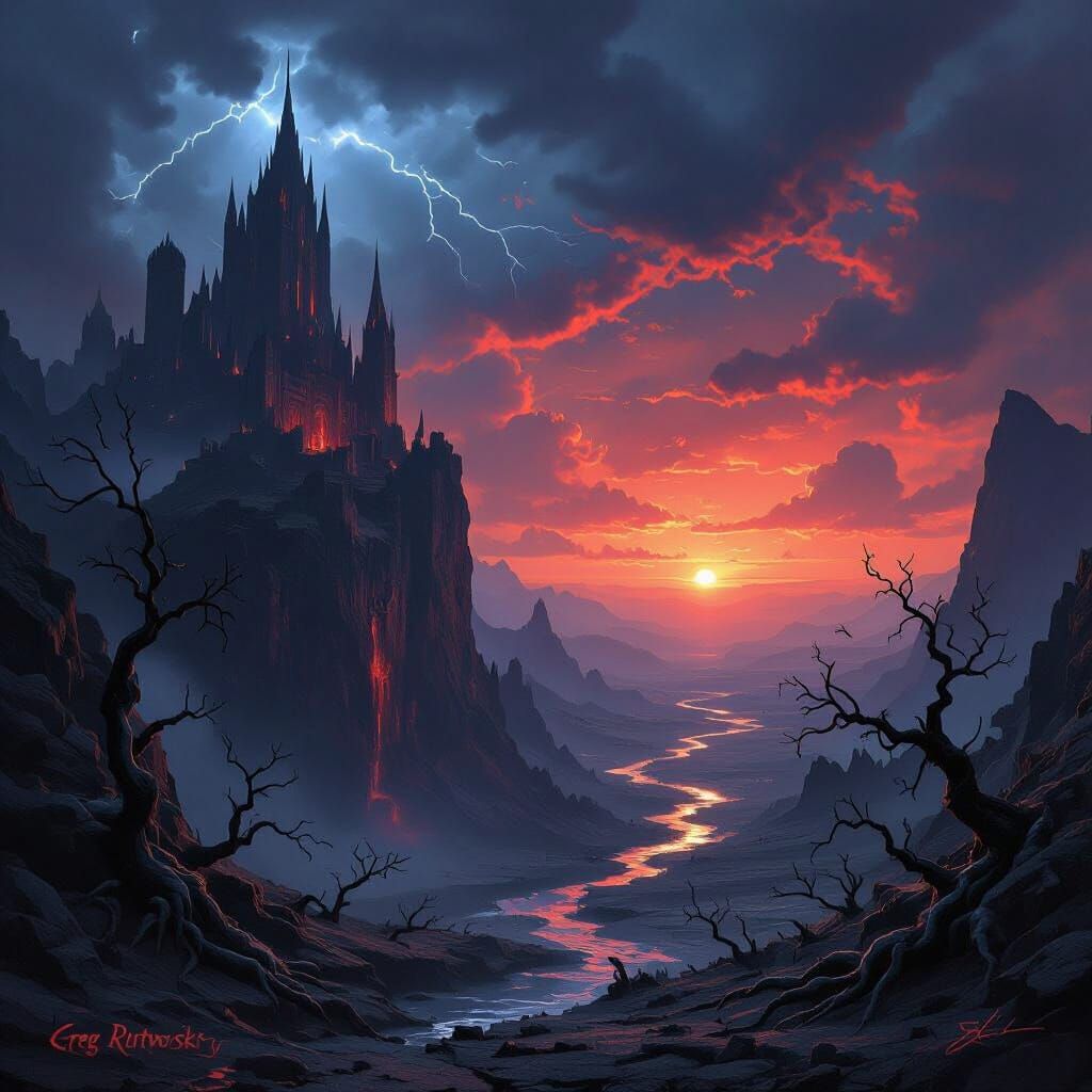 Dark Fantasy Castle on Stormy Mountainside
