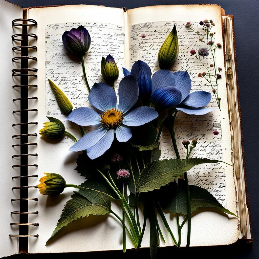 Botanical Sketchbook with Pressed Flowers, Watercolor Style