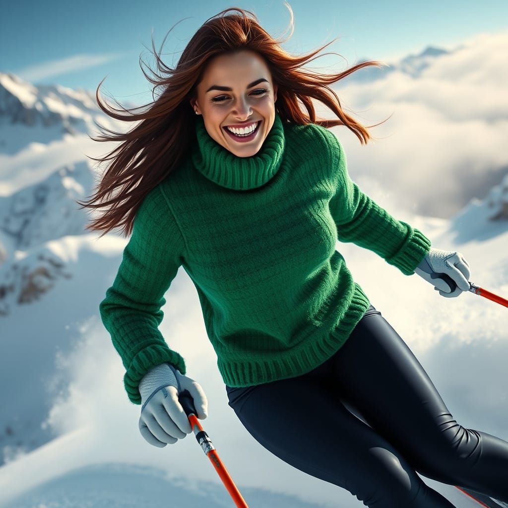 Radiant Woman Speeds Down a Majestic Emerald Mountain