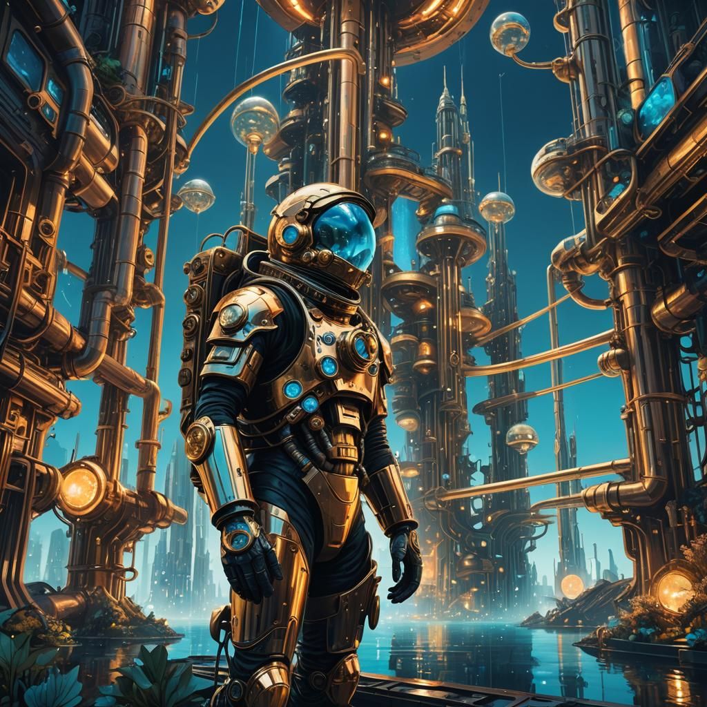 Steampunk Astronaut in Underwater City, Art Deco Style
