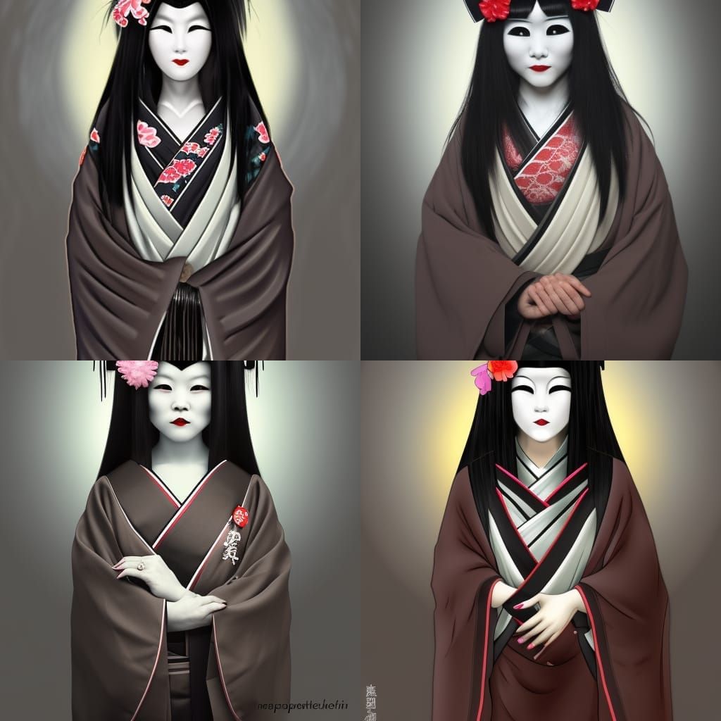 Creepy Masked Geisha with Long Black Hair