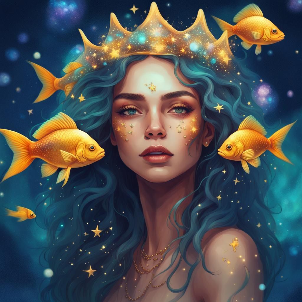 Pisces Sea Witch Portrait with Golden Fish