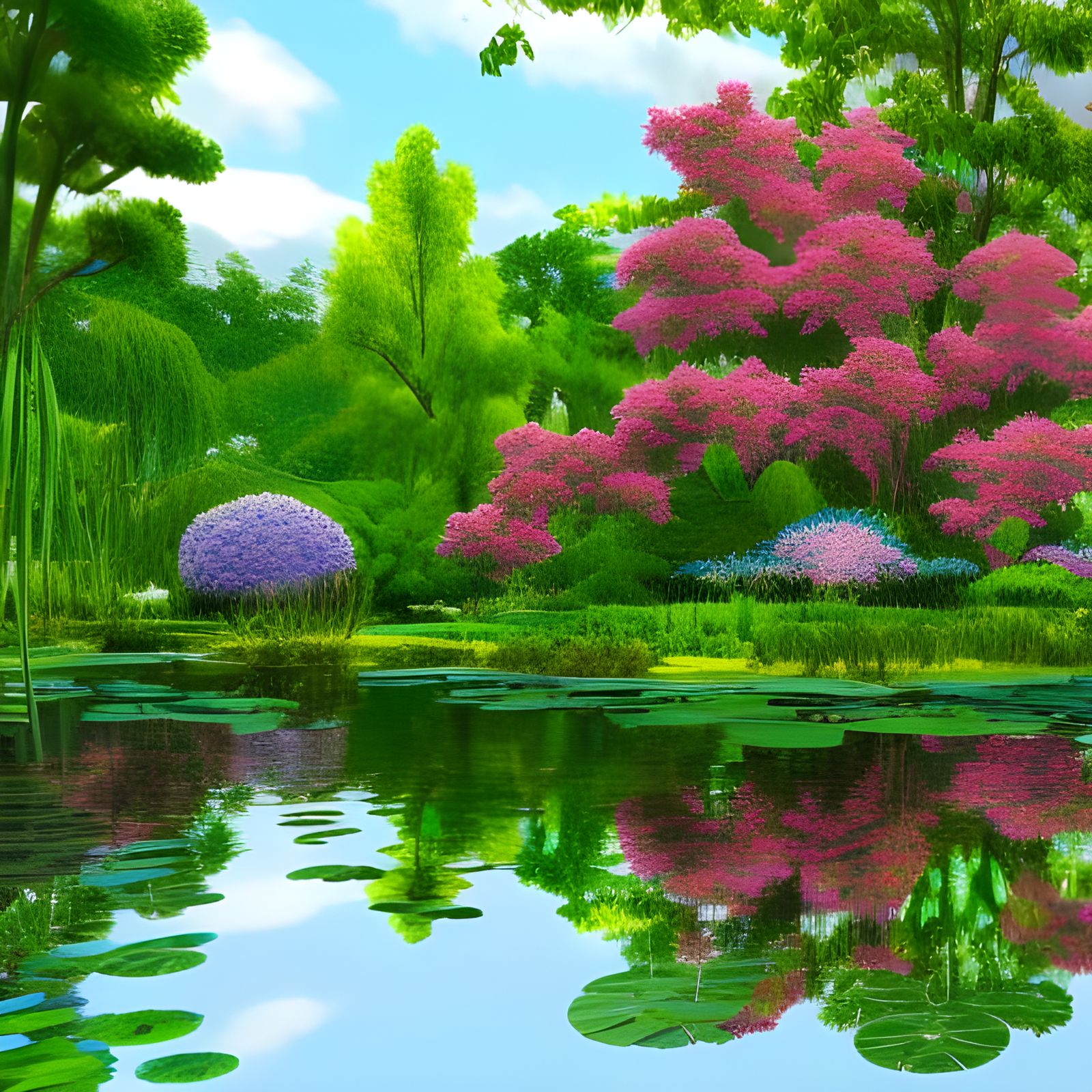 Lush Pondscape with Water Lilies in Morning Light