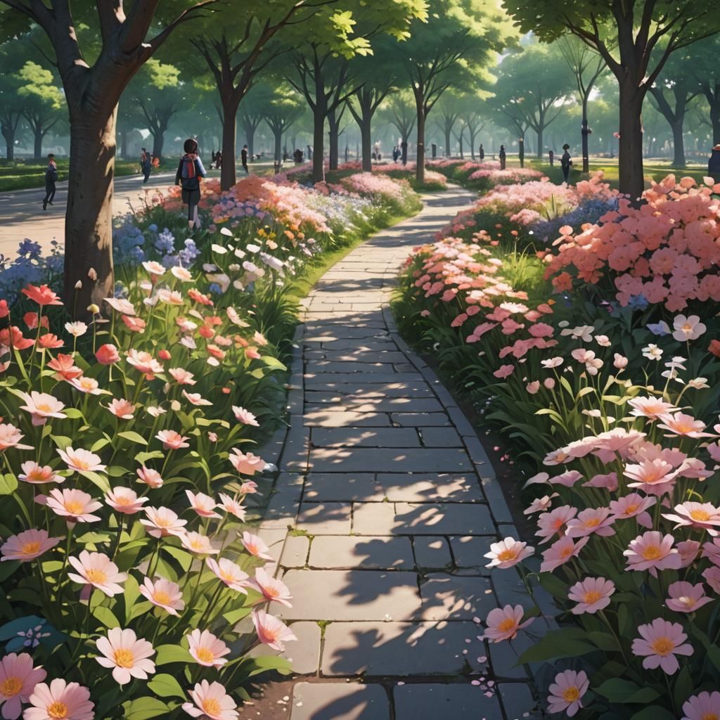 Blooming Flowers Along Park Path in 3D Anime Art