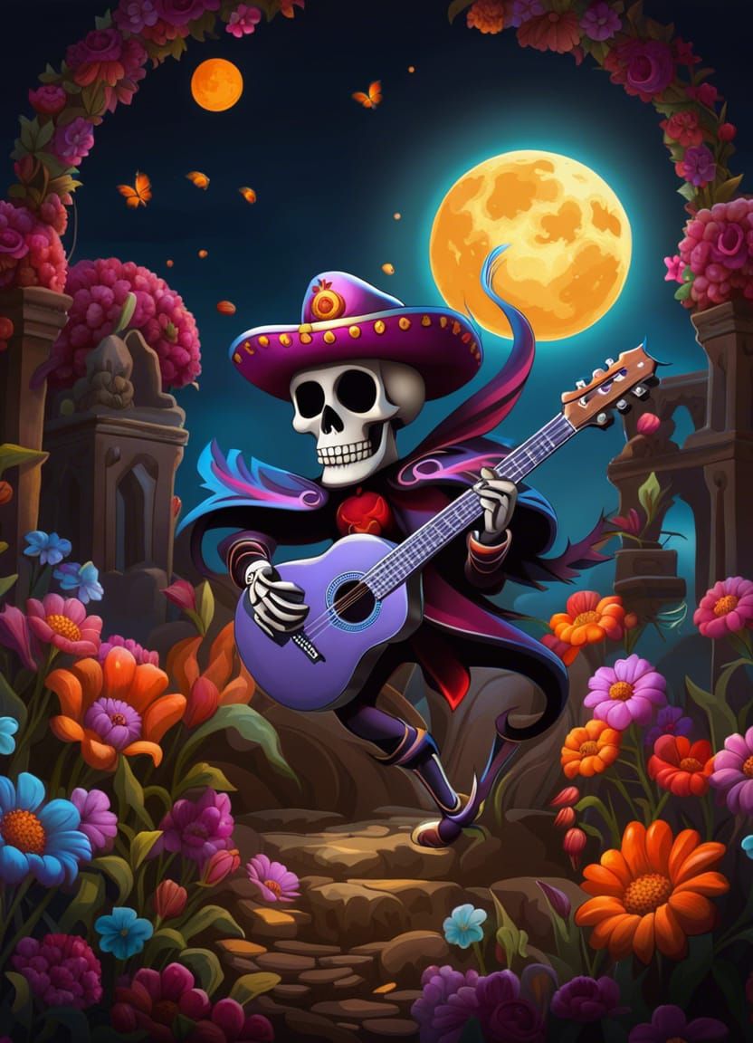 Colorful Skeleton Guitarist in Day of the Dead Graveyard