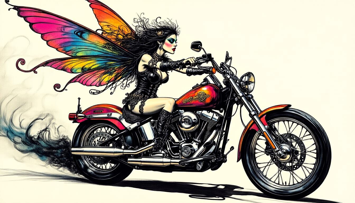 Steampunk Fairy on Harley, Etched Line Drawing