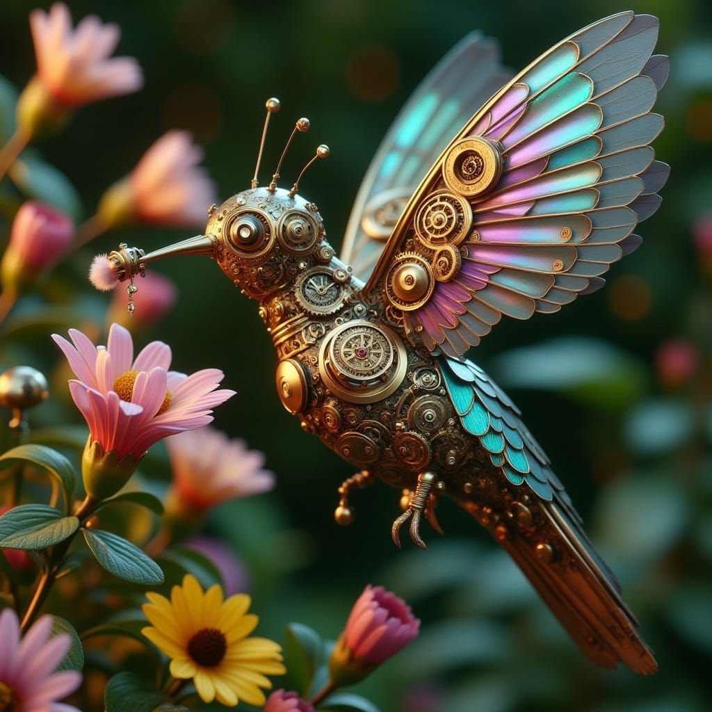 Steampunk Mechanical Hummingbird and Digital Flower