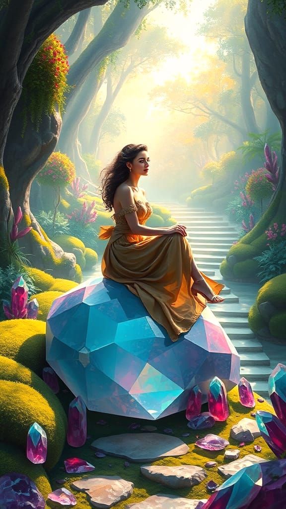 Elegant Woman in Gemstone Garden: Impressionistic Hyperreali...