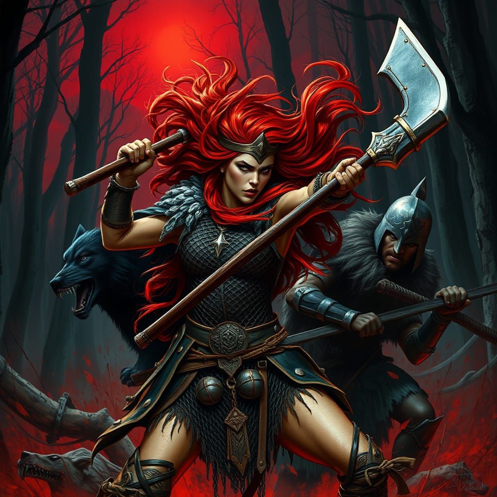 Fierce Female Viking Warrior in a Dark, Blood-Red Sky