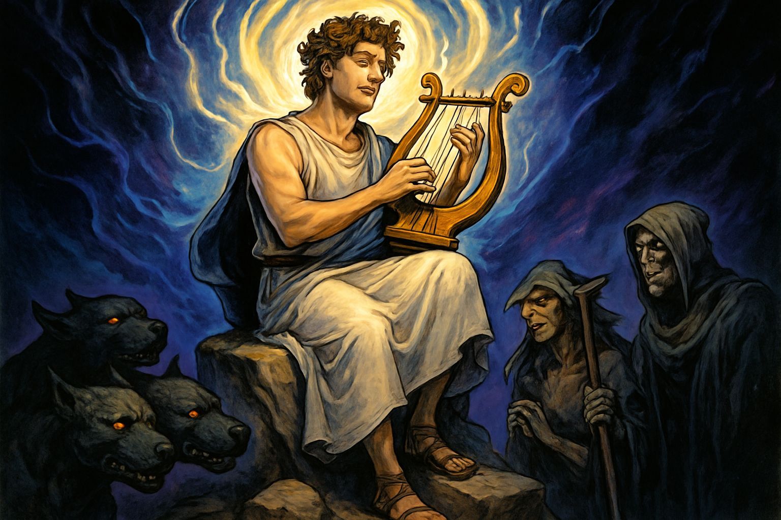 Orpheus Calms Underworld Creatures with Music, Comic Book St...