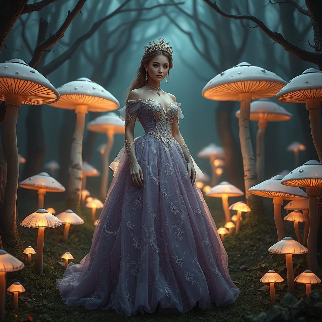 Whimsical Regal Woman in Enchanted Forest with Pastel Purple...
