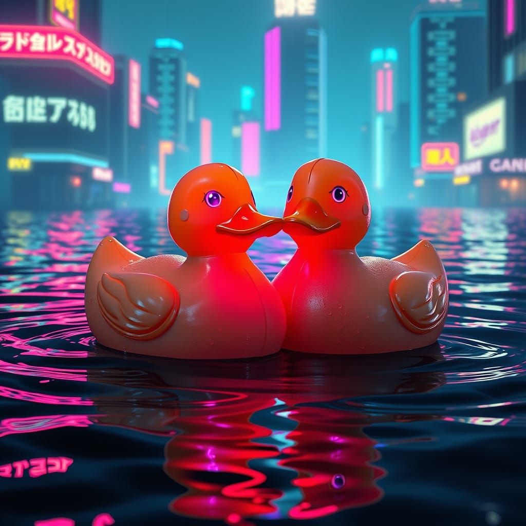 Cyberpunk Plastic Duck Couple Radiates Neon in Futuristic Ci...