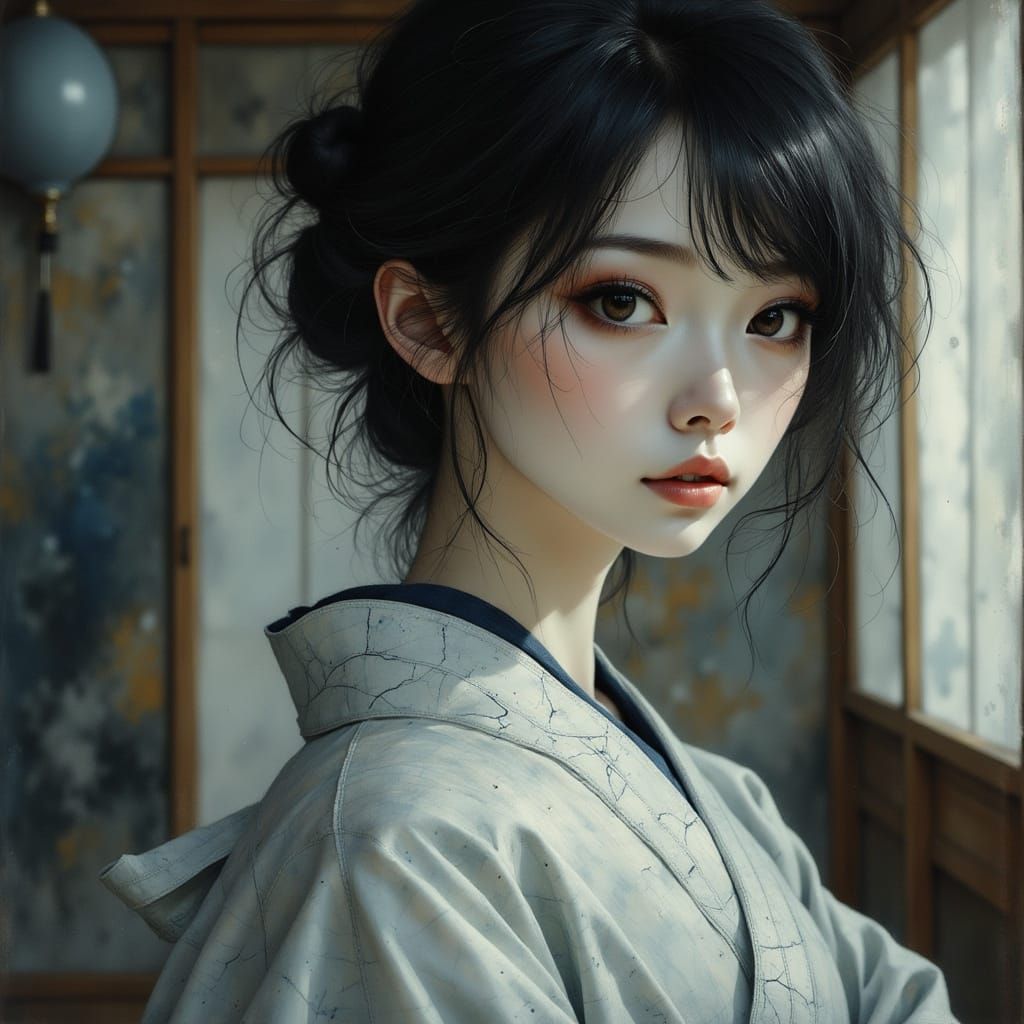 Japanese Woman in Kimono, Dark Oil Painting