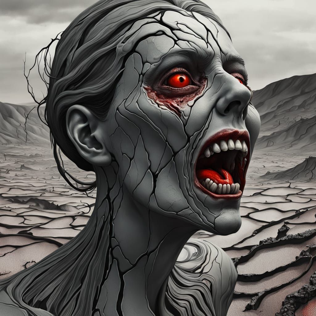 Surreal Woman Screaming in Barren Landscape
