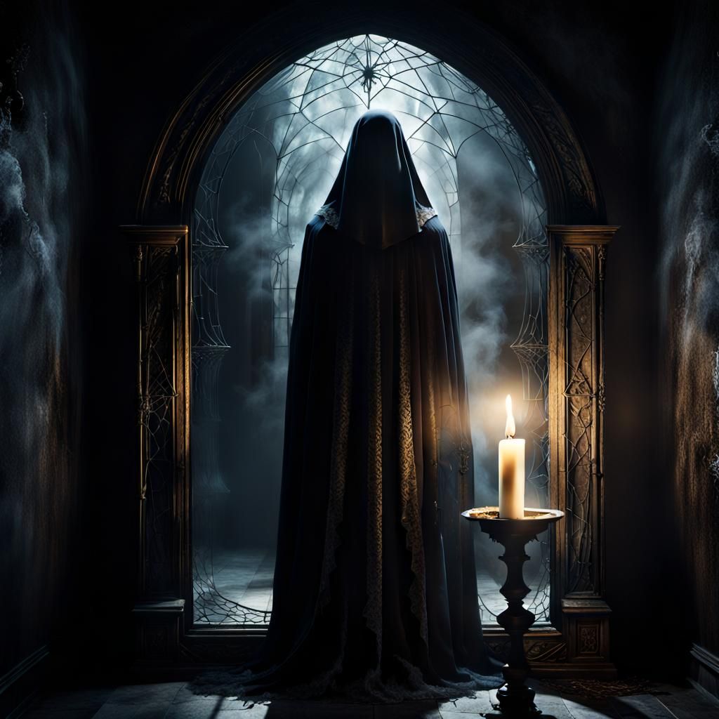 "An ancient and large mirror with cobwebs and white dust, reflects the shadow of a ghostly figure"