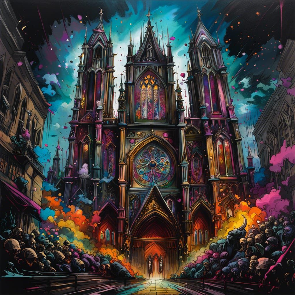 Gothic Cathedral Surrounded by Rats in Graffiti Art