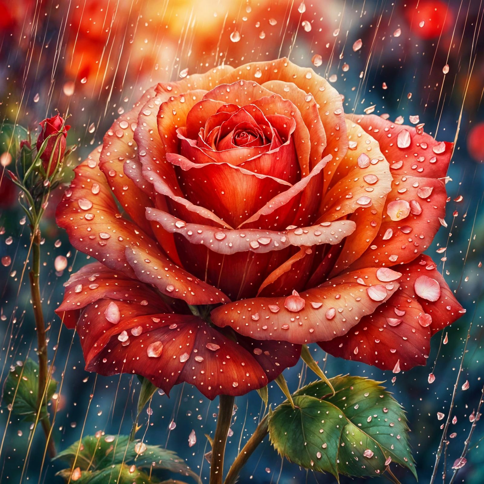Red Rose in Summer Rain, Watercolor Painting