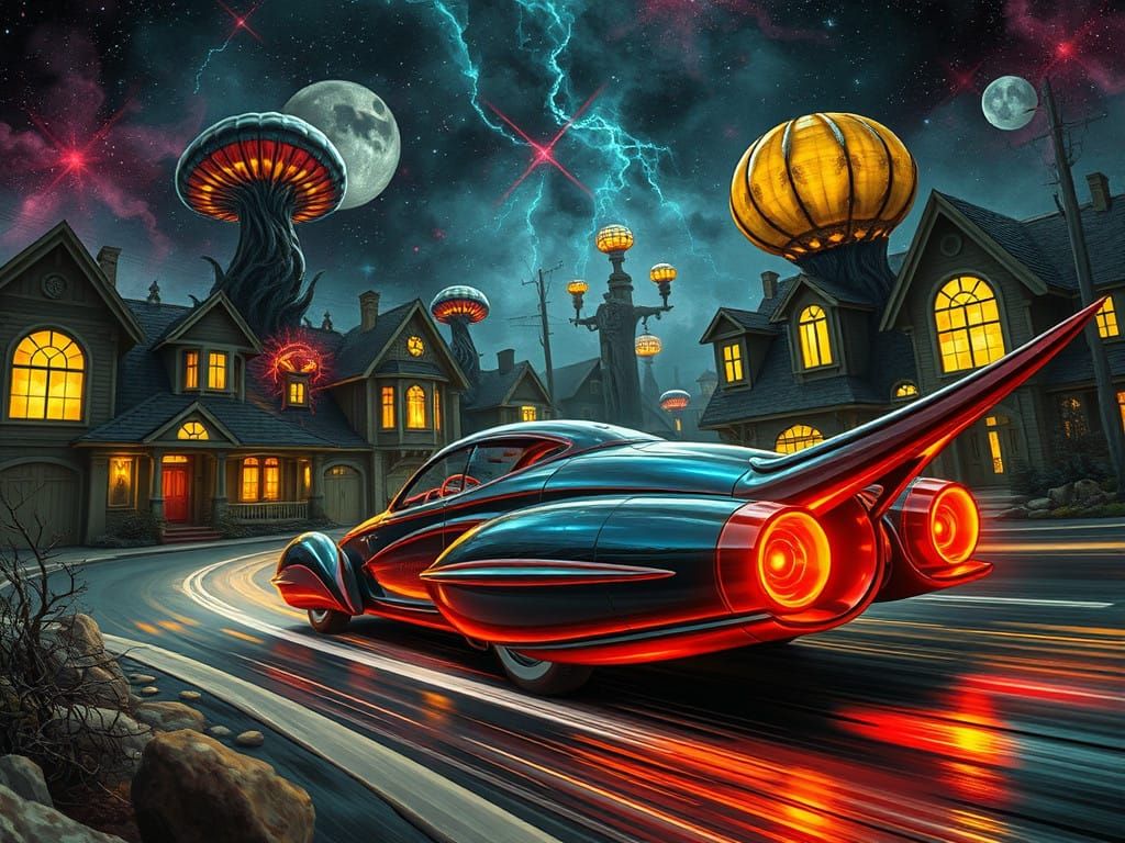 Futuristic Warp-Drive Automobile Speeds Through Eldritch Nei...