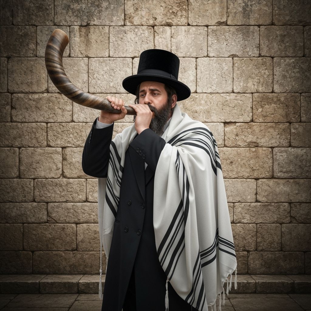 Hasidic Man Blowing Shofar: Hyperrealistic Scene