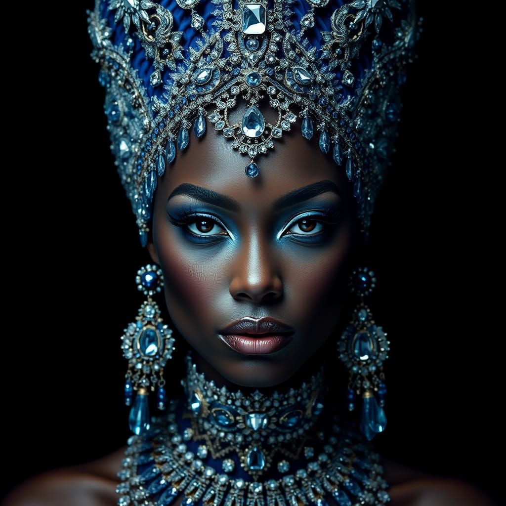 Regal Woman in Crystal Headdress, Dark Background, Studio Li...