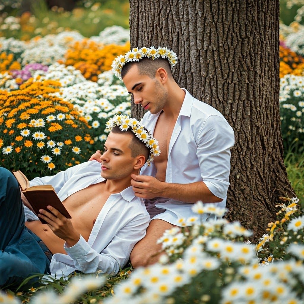 Romantic Scene in Chrysanthemum Field, Oil Painting