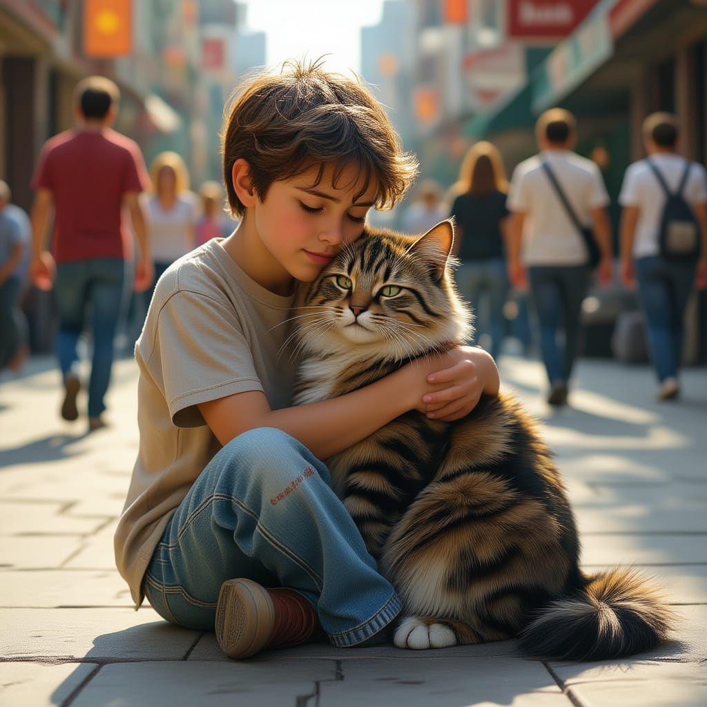 Boy and Cat in City Street, Rockwell Style