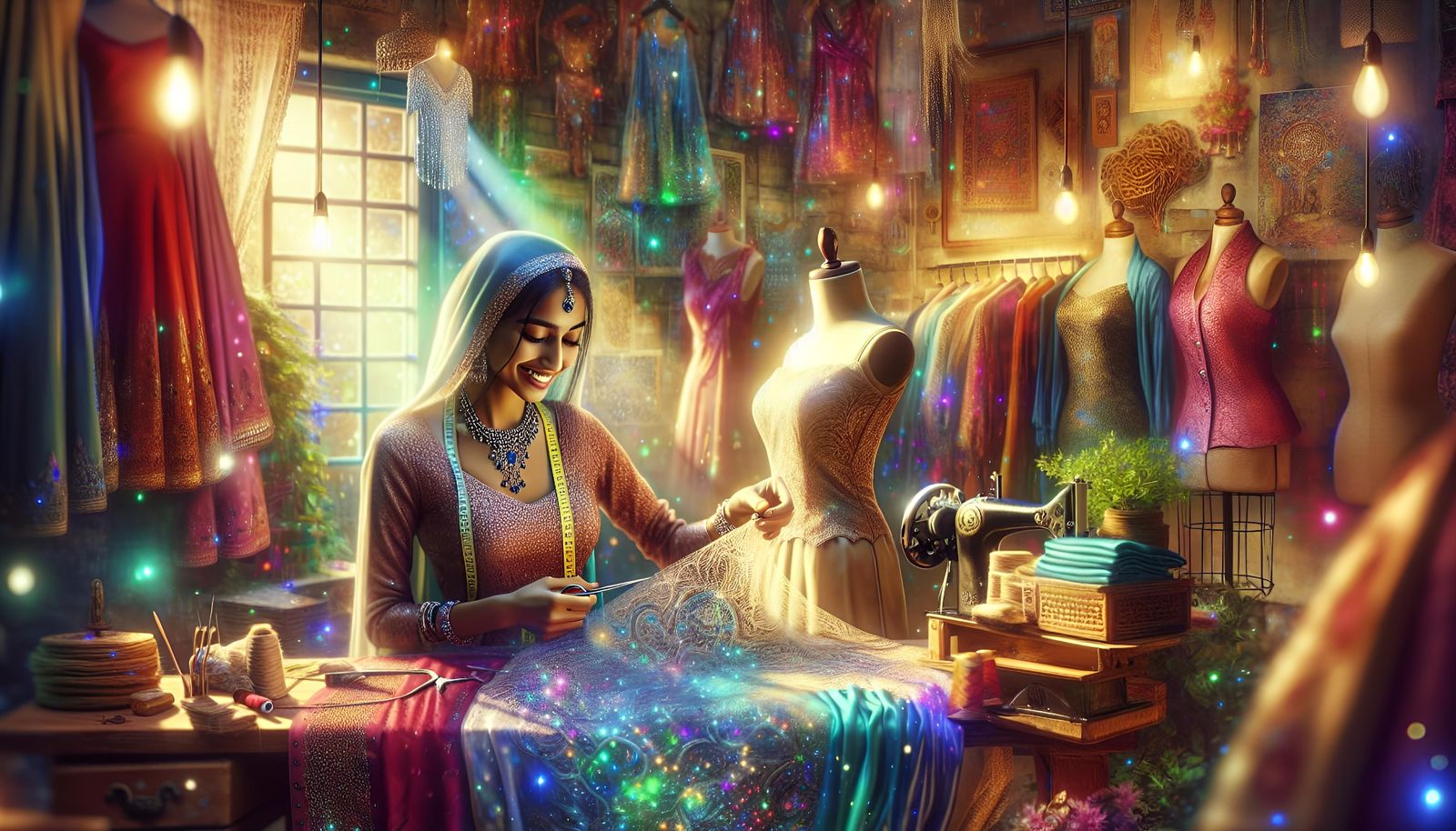 South Asian Tailor Creates Dress in Sunlit Room