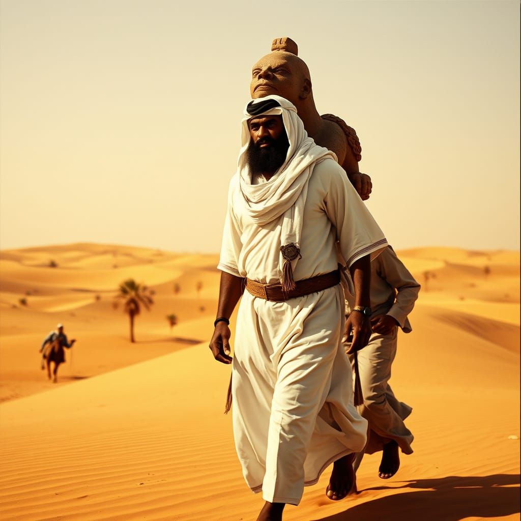 A Desert Leader Carries Ancient Idol through Arid Landscape ...