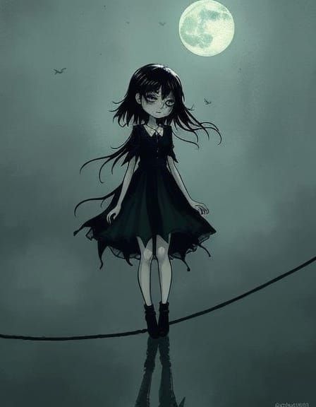 Emo Goth Cartoon Tightrope Walker in Misty Sfumato