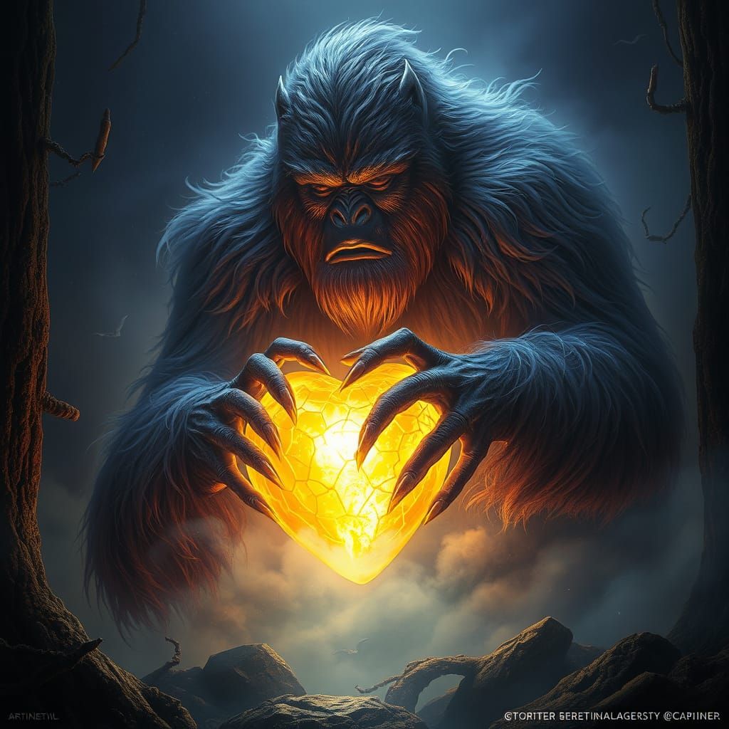 Majestic Sasquatch Holds Glowing Heart in Mystical Realm