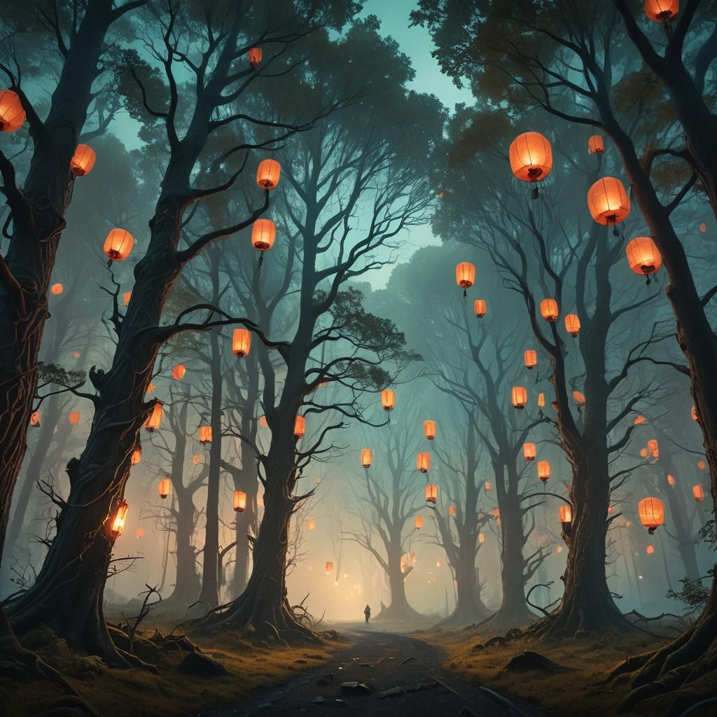 Mystical Forest with Floating Lanterns: Digital Matte Painti...