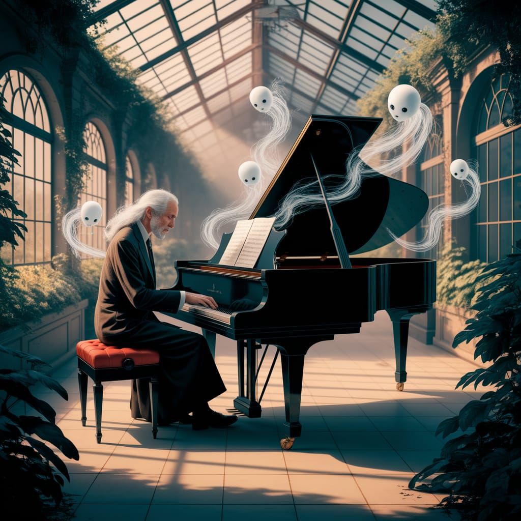 Elderly Man Playing Piano with Ghostly Figures