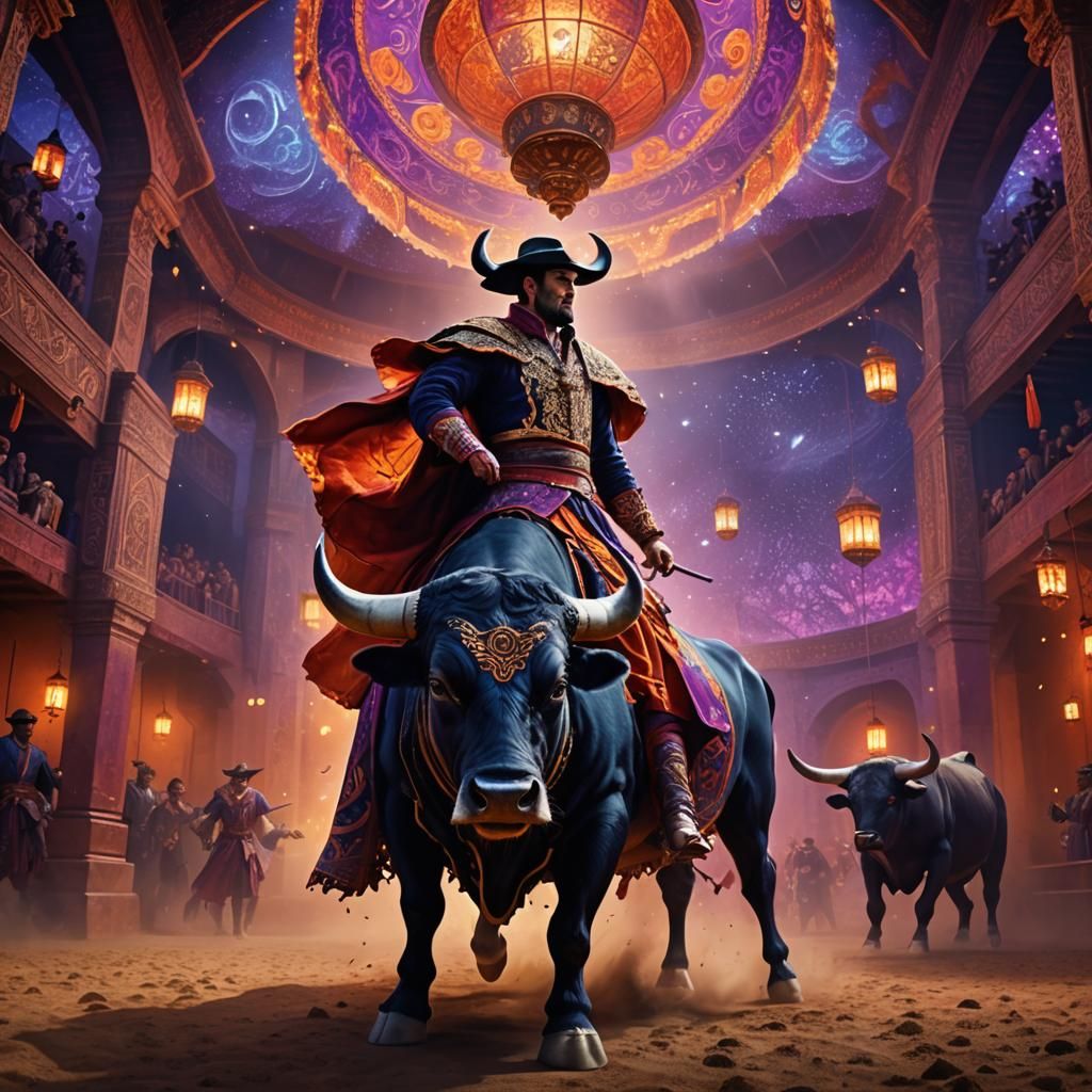 Matador Confronts Giant Bull in Mystical Arena
