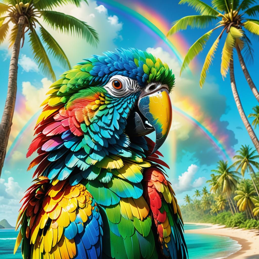 Tropical Beach Portrait with Parrot, Splash Art Style