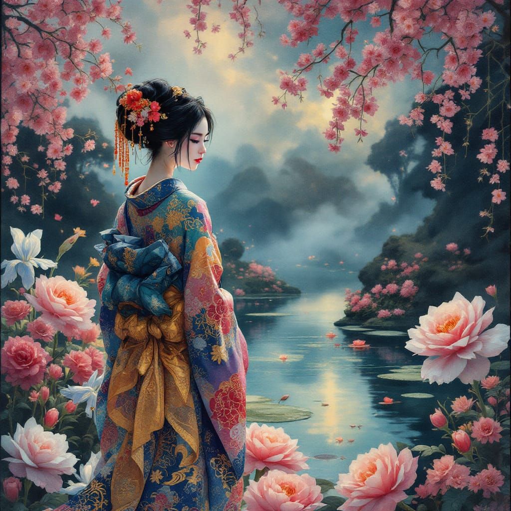 Dark Fantasy Geisha in Vibrant Watercolour Style