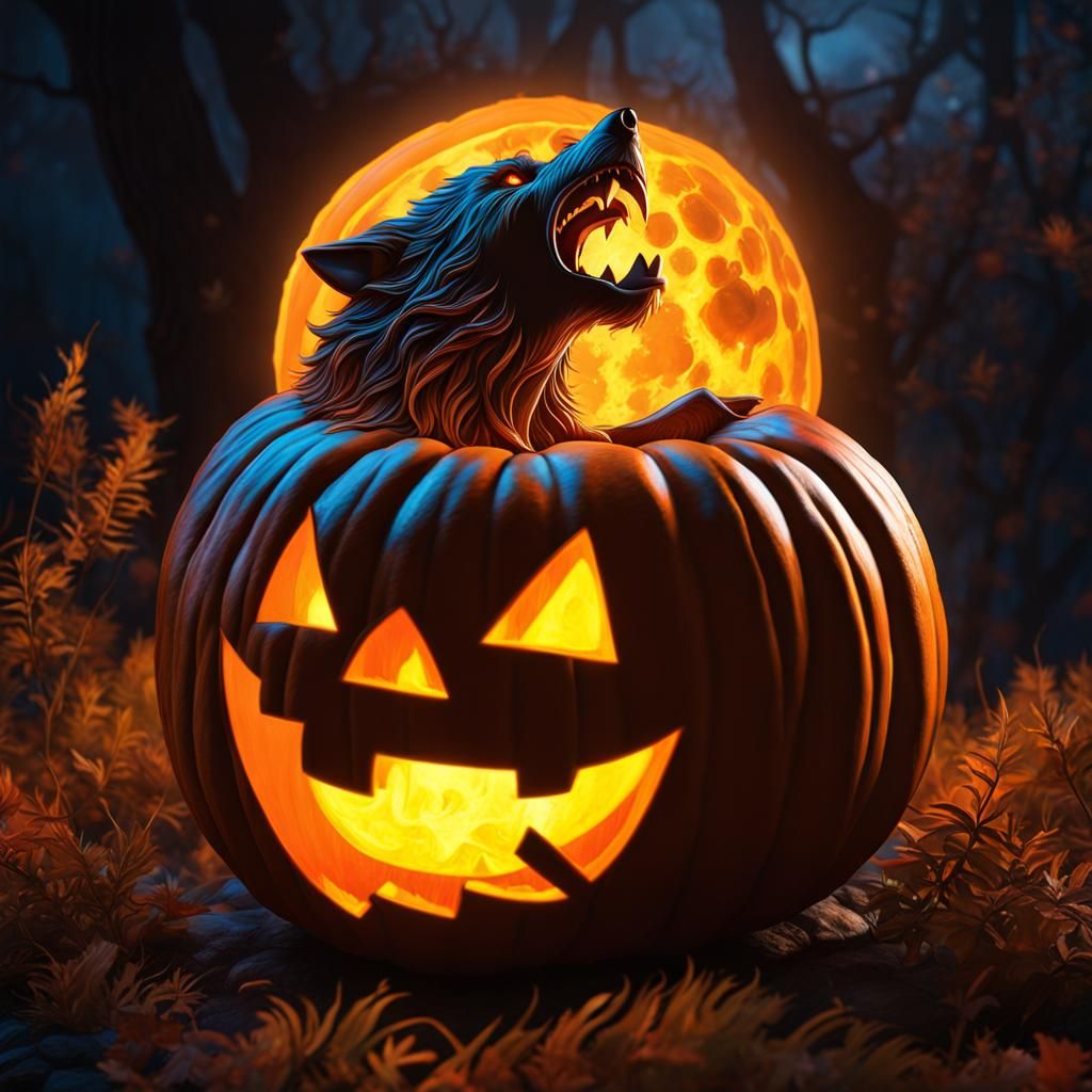 Hyperrealistic Werewolf Jack-o'-Lantern Halloween Art