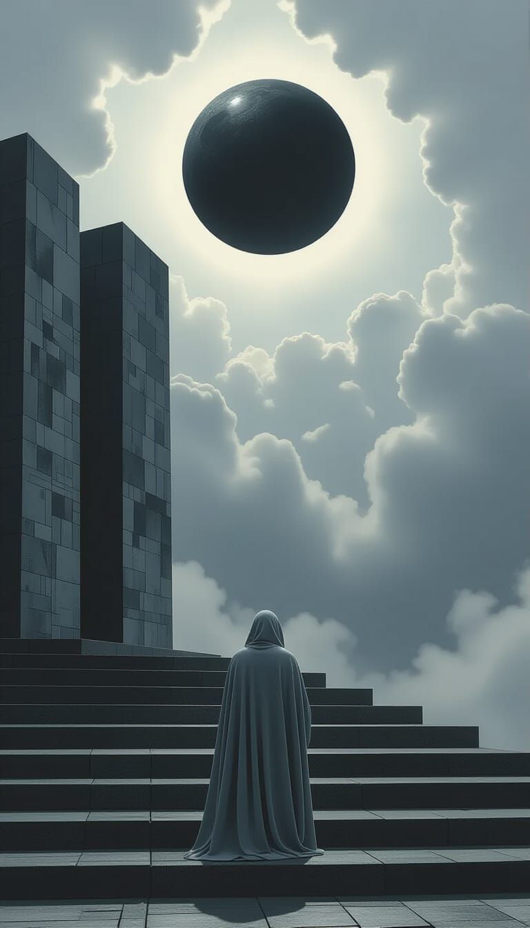 Solitary Figure Contemplating Colossal Edifice Under Ominous...