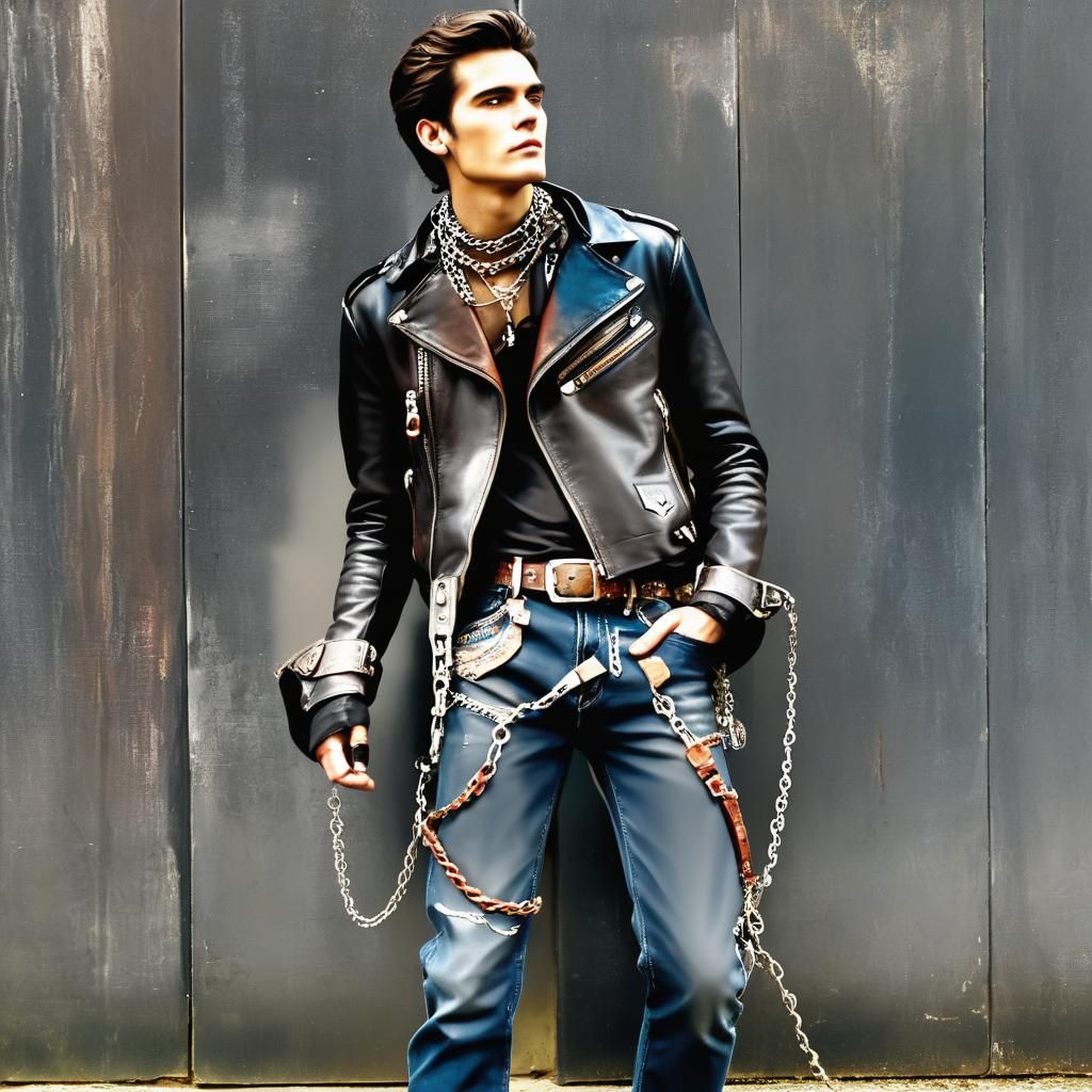Male Model in Leather and Vintage Jeans