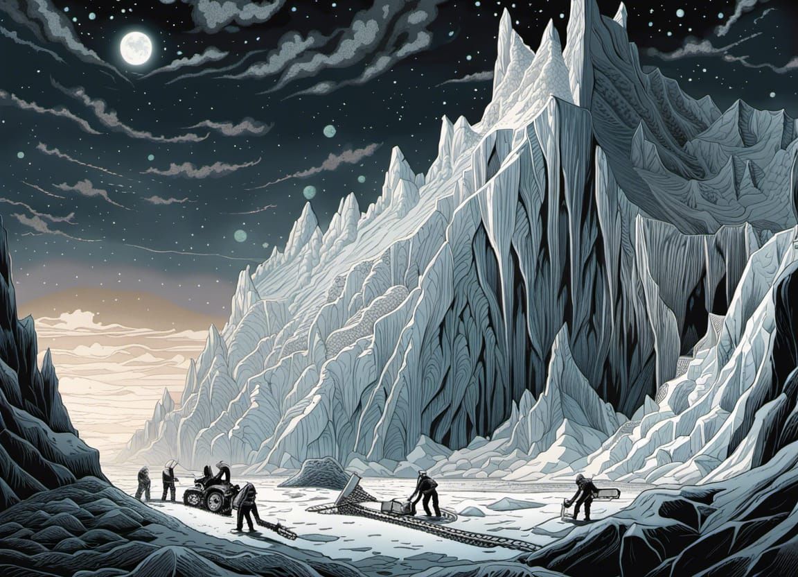 Surreal Lumberjack Carves Glacier with Chainsaw