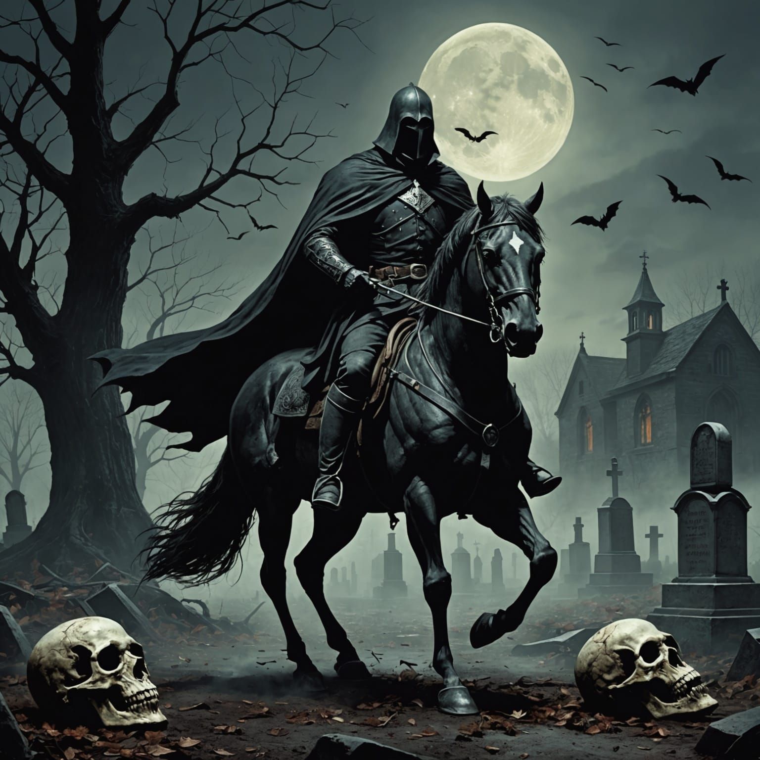 Eerie Headless Horseman in Dark Cemetery, Macabre Art