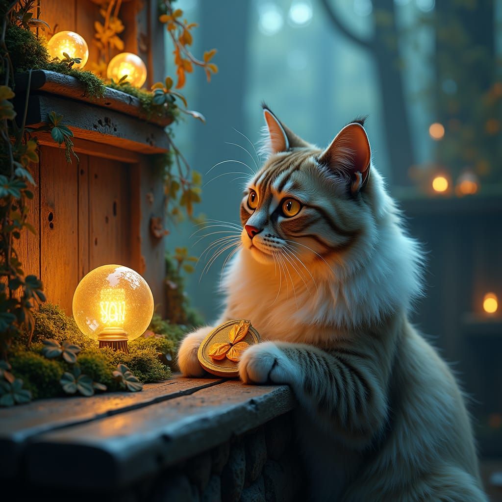 Cat Discovering Transistors in Bioluminescent Forest