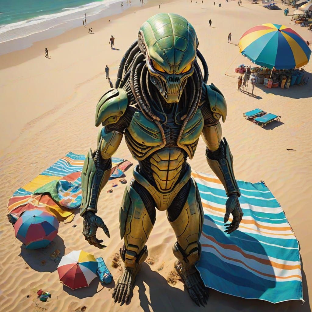 Fearsome Alien Predator Stalks Sun-Kissed Beach in Hyperreal...