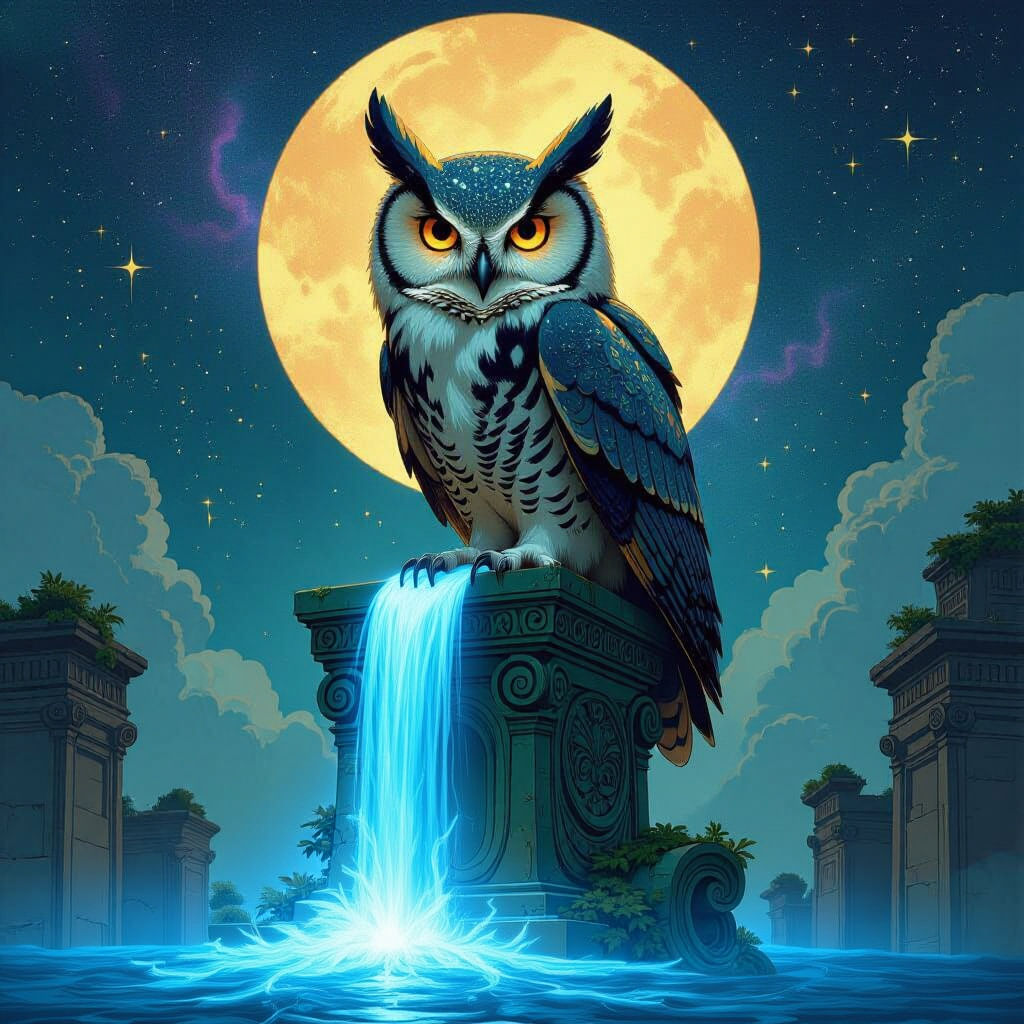 Ancient Owl on Statue with Cosmic Waterfall